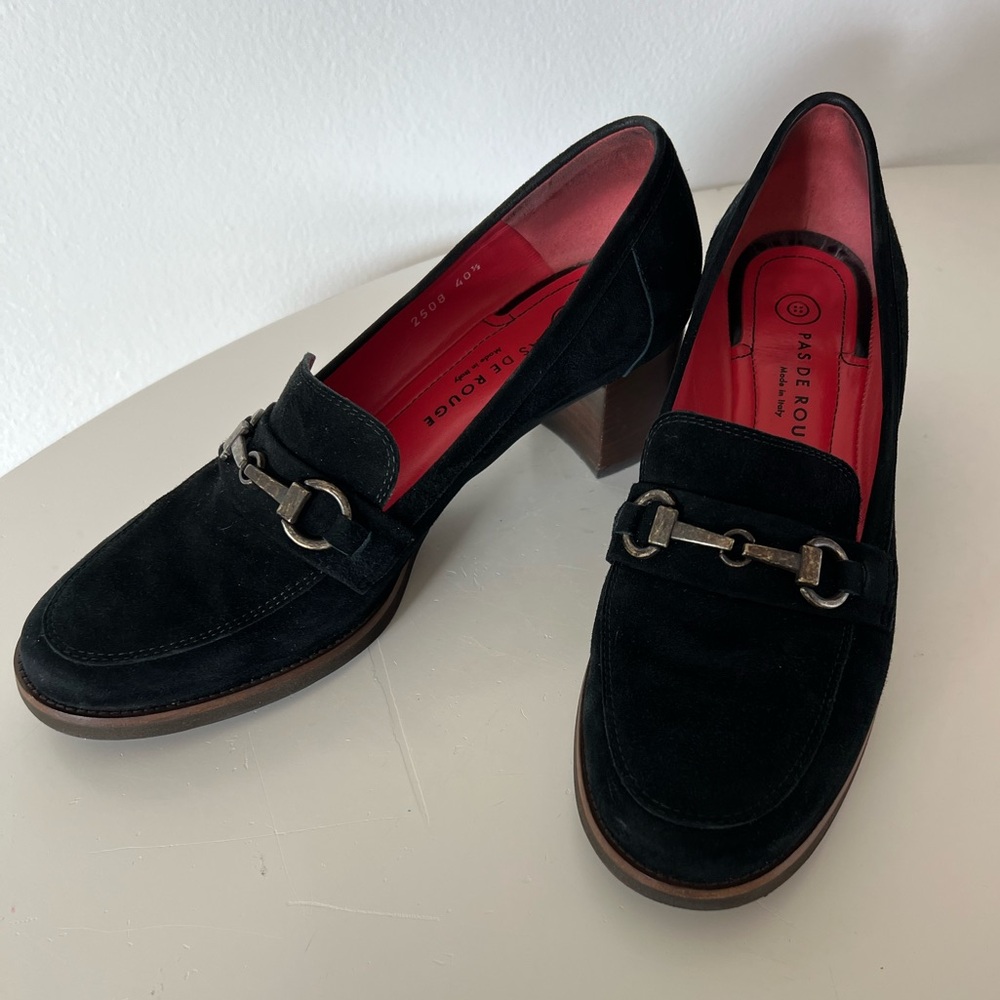 Pas De Rouge Flavia 2508‎ Horse Bit Round Toe Black Suede Slip-On Heeled Loafer